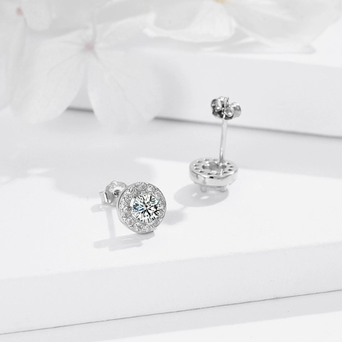 Orecchini a Bottone Tondi in Argento Sterling 925 con Strass per Donna Placcati in Oro Bianco Pave Gioielli Eleganti Regalo