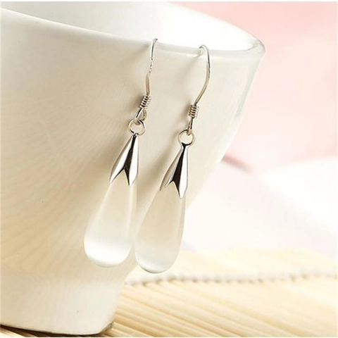 S925 Sterling Zilveren Waterdruppel Haak Oorbellen Voor Vrouwen Kunstmatige Kattenoogsteen Elegante Oorbellen Sieraden