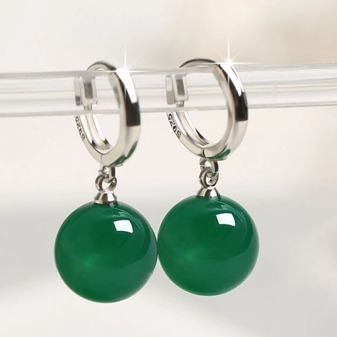 Vintage S925 Sterlingsilber Grüne Achat Ohrringe Für Damen Mode Elegant Künstlerisch Runde Perle Hängeohrringe Schmuck