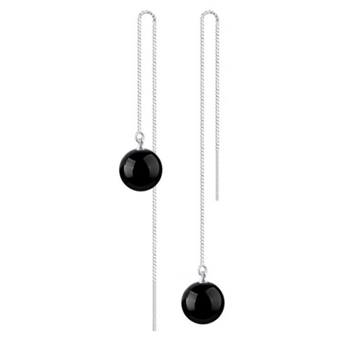 S925 Sterlingsilber Schwarz Achat Rundperle Lange Durchzieher Ohrringe Minimalistische Box Kette Ohrlinie Elegante Damen Schmuck
