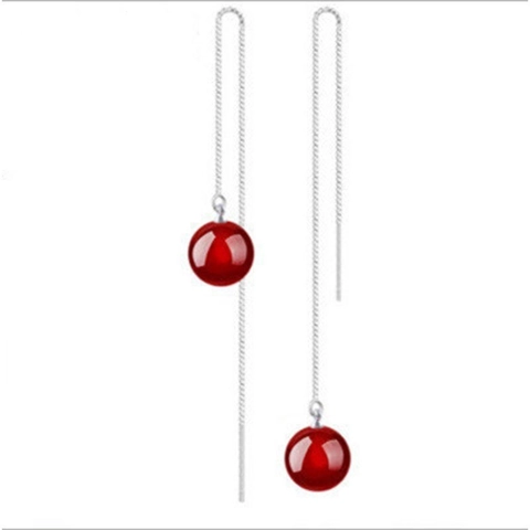Pendientes de Hilo de Borla Larga de Plata de Ley S925 para Mujer Pendientes Colgantes de Cuentas Redondas de Ágata Roja