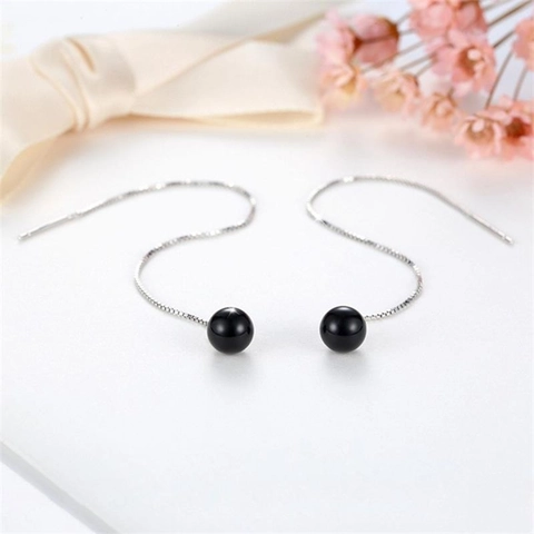 S925 Sterlingsilber Schwarz Achat Rundperle Lange Durchzieher Ohrringe Minimalistische Box Kette Ohrlinie Elegante Damen Schmuck