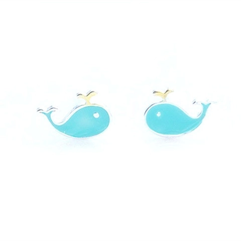 Pendientes de Botón de Ballena Azul de Plata de Ley S925 para Mujer Lindo Animal Pegamento de Goteo Joyería de Moda