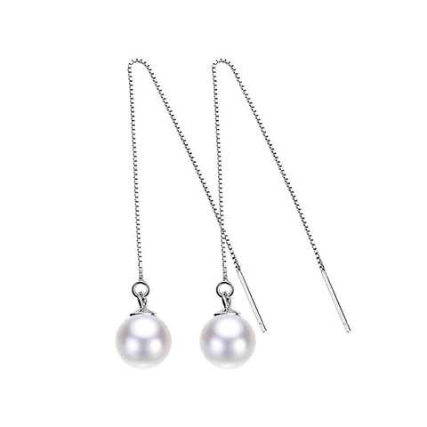 Pendientes de Hilo Largo de Plata de Ley 925 Con Perla Artificial Blanca Redonda Cadena de Caja Elegante Joyería de Moda para Mujer
