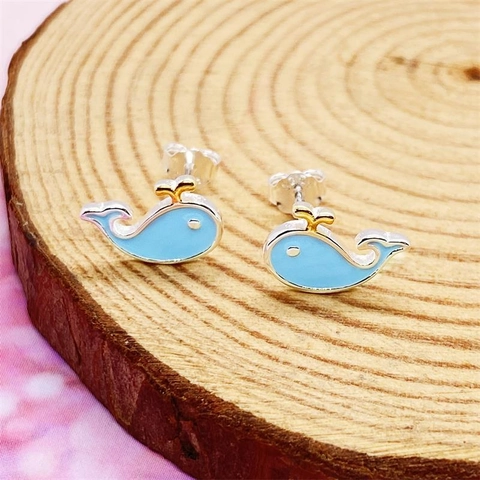Pendientes de Botón de Ballena Azul de Plata de Ley S925 para Mujer Lindo Animal Pegamento de Goteo Joyería de Moda