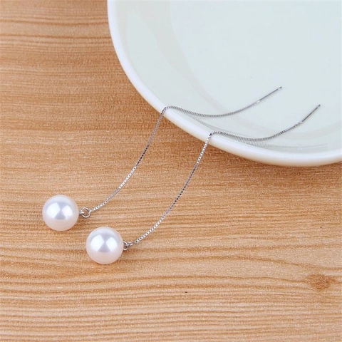 Pendientes de Hilo Largo de Plata de Ley 925 Con Perla Artificial Blanca Redonda Cadena de Caja Elegante Joyería de Moda para Mujer