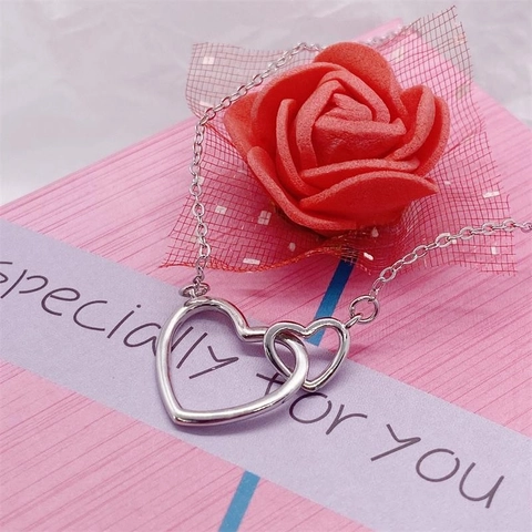 Minimalistische 925 Sterlingsilber Ineinandergreifende Doppelherz Anhänger Halskette Für Damen Elegante Weißgold Galvanisierte Schlüsselbeinkette Schmuck Geschenk