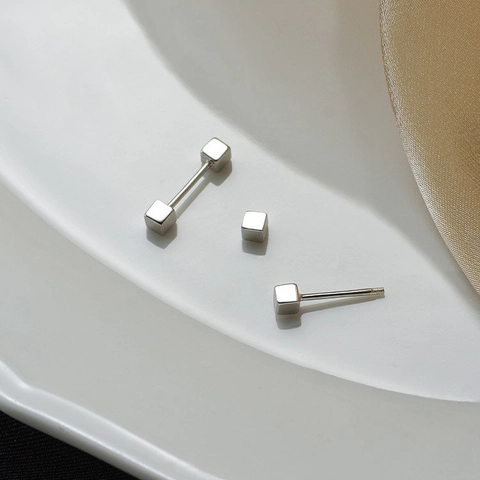 Pendientes de Botón de Cubo de Plata de Ley 925 Minimalistas Cierre de Rosca Geométricos Pequeños Pendientes Cuadrados Joyería Moda