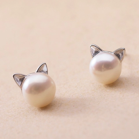 Orecchini a Lobo Gatto in Argento Sterling 925 Con Perla d'Acqua Dolce Design Gattino Placcato Platino Donna Gioielli