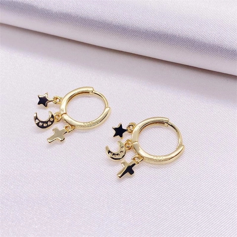 Pendientes de Aro de Plata de Ley 925 Estrella Luna Cruz Mujer con Diamantes de Imitación Oro Plata Joyería