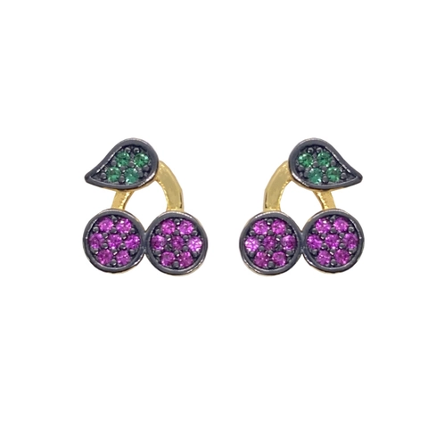 Orecchini a Bottone a Ciliegia in Argento Sterling S925 Placcato Oro Viola Verde Strass Orecchini di Frutta Gioielli Regalo Donna
