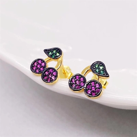 Pendientes de Botón de Cereza de Plata de Ley 925 para Mujer Lindos Pendientes de Frutas con Diamantes de Imitación Rosa Verde