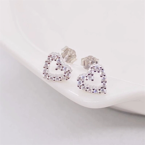 Pendientes de Botón de Corazón Hueco de Plata de Ley 925 para Mujer Diamante de Imitación Incrustado Estilo Coreano Joyería