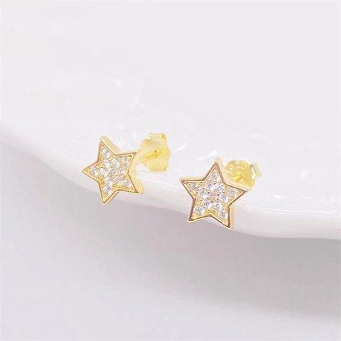 Orecchini a Bottone a Stella in Argento Sterling 925 per Donna Piccolo Pentagramma Placcato Oro Strass Intarsiato Gioielli di Moda