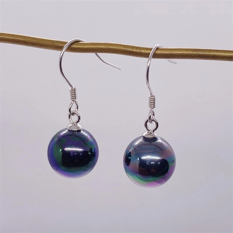 925 Sterling Silver Aurora Artificial Pearl Drop Earrings Iridescent Round Shell Pearl Dangle Earrings For Women Jewelry
