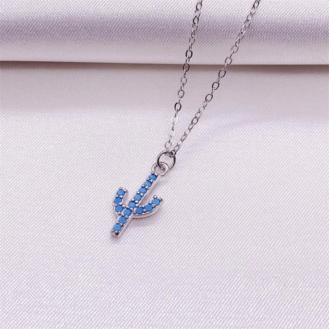 Collar de Pendiente de Cactus de Plata de Ley S925 Con Diamantes de Imitación Azules Accesorio de Lujo Ligero para Mujer Diario