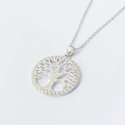 Collana con Ciondolo Albero della Vita in Argento Sterling 925 Retro Tondo Traforato Intarsiato con Zirconia Gioielli Donna