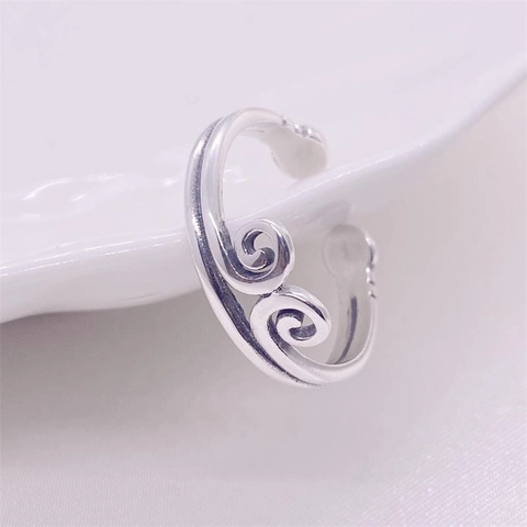 Vintage 925 Sterling Silver Adjustable Open Ring For Men Women Golden Hoop Cloud Pattern Chinese Style Retro Jewelry Gift