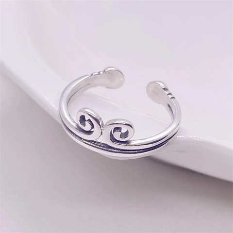 Vintage 925 Sterling Silver Adjustable Open Ring For Men Women Golden Hoop Cloud Pattern Chinese Style Retro Jewelry Gift