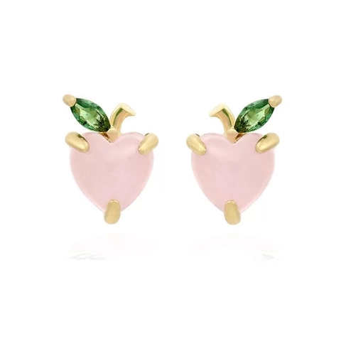 925 Sterling Silver Peach Fruit Stud Earrings For Women Sweet Pink Heart Rhinestone Leaf Earrings Cute Girl Jewelry Gift