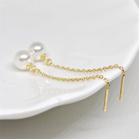 925 Sterling Silver Artificial Pearl Long Tassel Ear Threader Earrings Gold Plated Minimalist Elegant Linear Drop Earrings For Women Jewelry