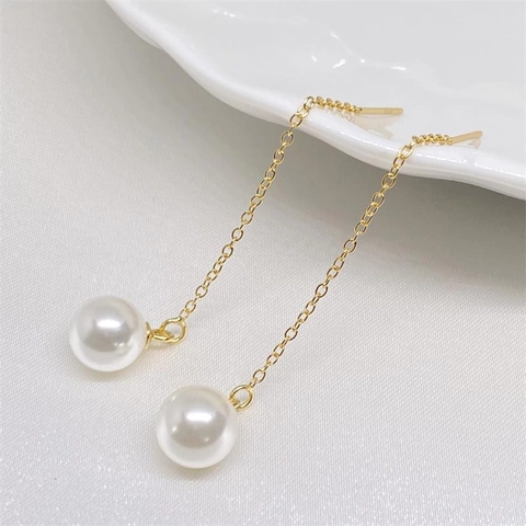 925 Sterling Silver Artificial Pearl Long Tassel Ear Threader Earrings Gold Plated Minimalist Elegant Linear Drop Earrings For Women Jewelry