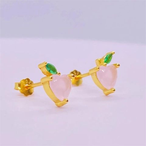 Pendientes de Melocotón de Corazón Rosa de Plata de Ley S925 para Mujer Chapados en Oro Joyas de Frutas Dulces con Strass