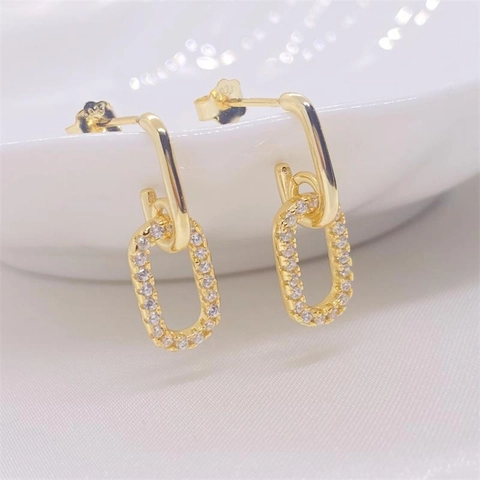 S925 Sterling Silver Square Geometric Drop Earrings For Women Gold Plated Zirconia Inlaid Luxury Korean Style Jewelry