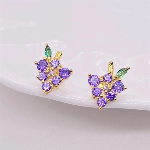S925 Sterling Silver Grape Stud Earrings Gold Plated Fruit Shape Purple Green Rhinestone Earrings For Women Sweet Jewelry