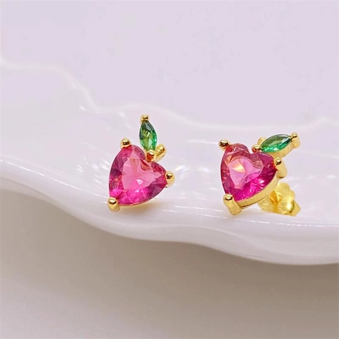 925 Sterlingsilber Apfel Ohrstecker Für Damen Süße Herz Rosa Strass Frucht Ohrringe Gold Vergoldet Schmuck Geschenk