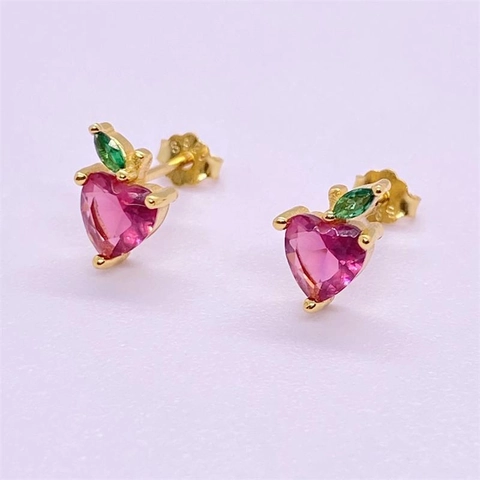 925 Sterlingsilber Apfel Ohrstecker Für Damen Süße Herz Rosa Strass Frucht Ohrringe Gold Vergoldet Schmuck Geschenk
