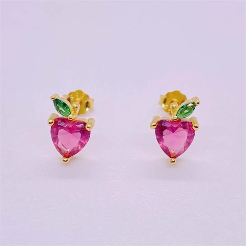 925 Sterling Silver Apple Heart Zirconia Stud Earrings Gold Plated Sweet Fruit Jewelry For Women Girls Daily Gift