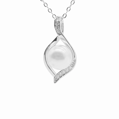 Collana con Ciondolo in Perla Artificiale in Argento Sterling 925 Elegante Forma di Foglia con Strass Intarsiato Gioielli Donna