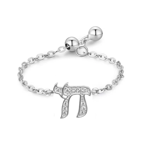Anello a Catena Regolabile Chai Ebraico in Argento Sterling 925 per Donna Simbolo della Vita con Strass Gioielli Geometrici Minimalisti