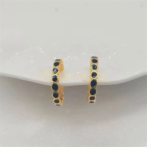 Minimalista Ear Cuff in Argento Sterling S925 Smalto per Uomo Donna Orecchini Geometrici Placcati Oro con Pois Neri