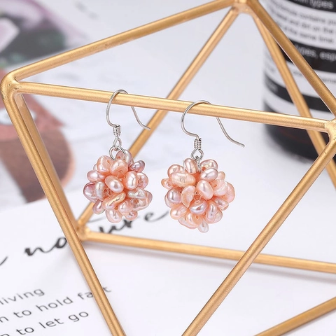 Handgemaakte Geweven Zoetwaterparel Cluster Oorbellen 925 Sterling Zilveren Oorhaken Elegante Bolvormige Sieraden Voor Dames