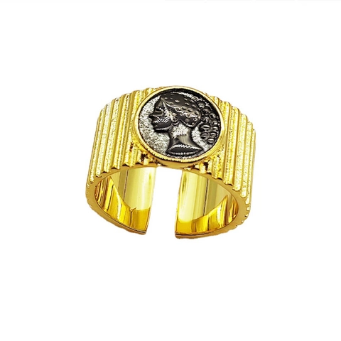 Vintage 925 Sterlingsilber Münze Porträt Relief Offener Ring Retro Zweifarbig Gold Überzug Verstellbarer Ring Für Unisex