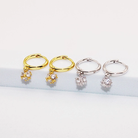 Funkelnde Kugel 925 Sterling Silber Creolen 14K Vergoldet Einfache Strass Anhänger Ohrschließe Schmuck Für Damen