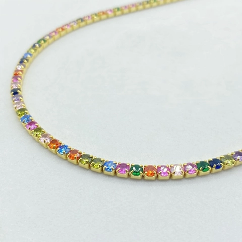 Collar de Tenis de Plata de Ley S925 Circonita Arcoíris para Mujer Cadena de Gemas Coloridas Chapada en Oro Joyería