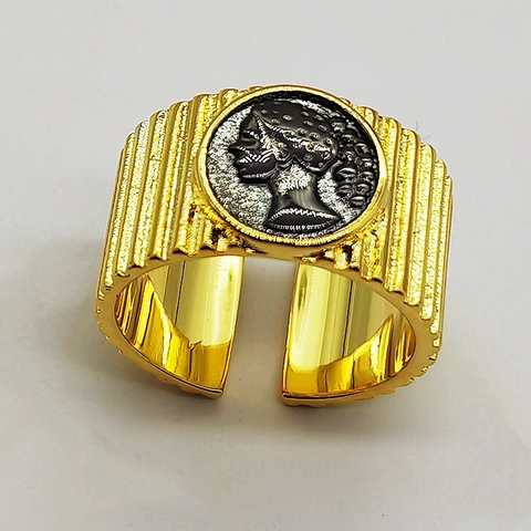 Vintage 925 Sterlingsilber Münze Porträt Relief Offener Ring Retro Zweifarbig Gold Überzug Verstellbarer Ring Für Unisex