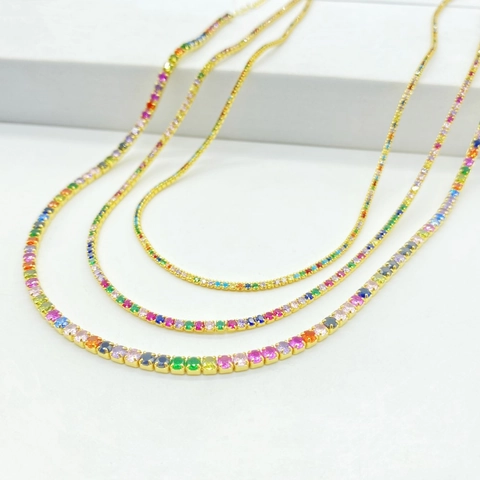 Collar de Tenis de Plata de Ley S925 Circonita Arcoíris para Mujer Cadena de Gemas Coloridas Chapada en Oro Joyería