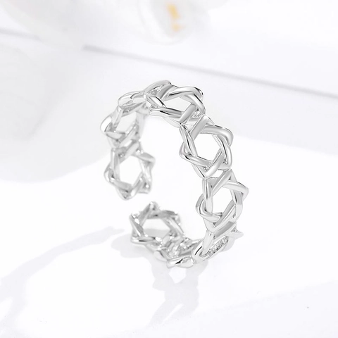 925 Sterling Silver Hollow Hexagram Open Ring For Women Chic Geometric Star Of David Adjustable Electroplated Finger Jewelry