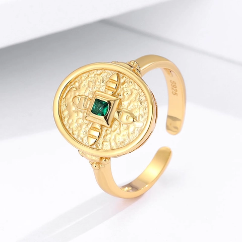 Anello Aperto in Argento Sterling 925 con Zirconia Design Scudo Vintage Placcato Oro Anello Regolabile per Donna Gioielli