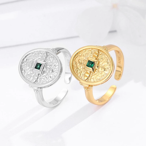 Anello Aperto in Argento Sterling 925 con Zirconia Design Scudo Vintage Placcato Oro Anello Regolabile per Donna Gioielli