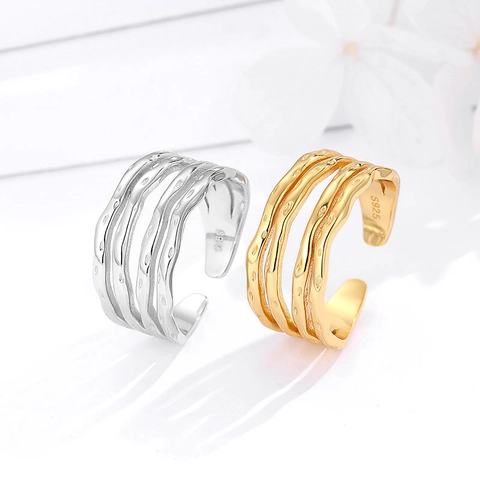 925 Sterlingsilber Offener Ring Für Damen Unregelmäßig Gehämmerte Linien Stapelbar Verstellbar Wellenförmig Geometrischer Ring Schmuck
