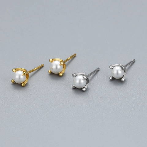 Orecchini a Bottone in Argento Sterling S925 con Perla Artificiale Donna Minimalista Coreano Corona a Quattro Griffe Gioielli