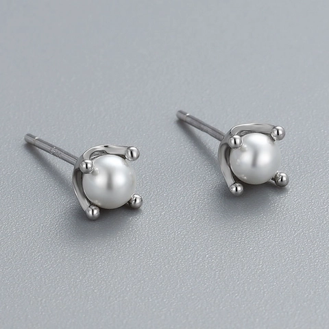 Orecchini a Bottone in Argento Sterling S925 con Perla Artificiale Donna Minimalista Coreano Corona a Quattro Griffe Gioielli