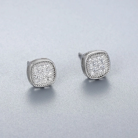 Pendientes de Botón Cuadrados de Plata de Ley 925 para Mujer Estilo Coreano Circonia Pavé Geométrico Joyería de Moda Regalo