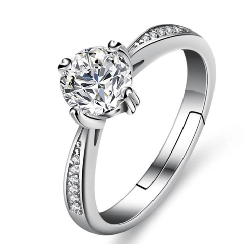925 Sterlingsilber Zirkonia Ring Für Damen Verstellbares Offenes Design Vier Krallen Rund CZ Minimalistische Süße Mode Schmuck