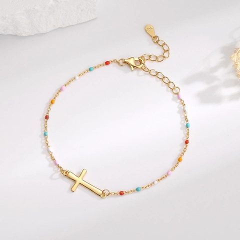 Pulsera de Cruz de Plata de Ley S925 Minimalista para Mujer Moda Cuentas de Esmalte de Colores Cadena Chapada en Oro Joyería
